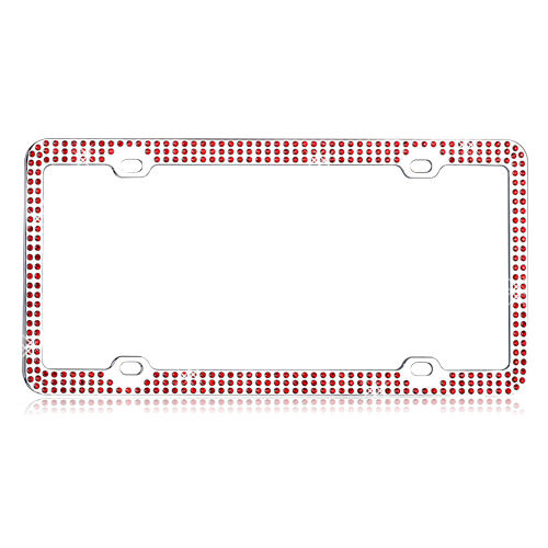 Chrome Metal License Plate Frame with Triple Row Red Crystals